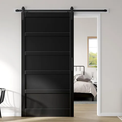 Miniatura 25 de Fredbeck Puerta de granero blanca de 30 x 84 pulgadas con kit de herrajes para puerta corredera de 5.5 pies incluido y asa, sólida, MDF, superficie