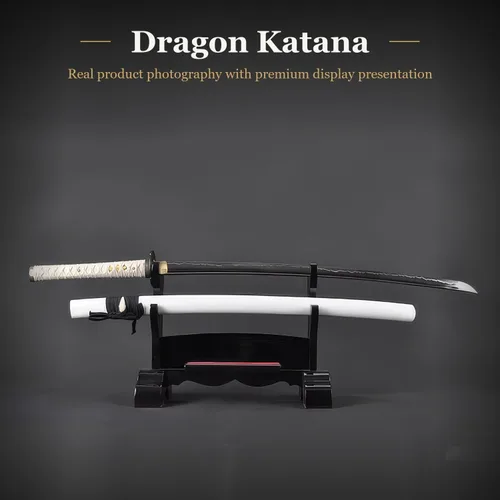 Miniatura 2 de HMS Samurai Katana Sword, Practical, Hand Forged, 1045 Carbon Steel, Heat Tempered/Clay Tempered, Full Tang, Sharp, Scabbard Blanco-dragón-951A