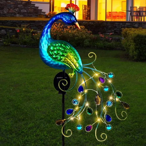 DREAMSOUL Estacas de luz solar de jardín de pavo real de metal al aire libre decorativas - Luz de camino LED solar impermeable de pavo real para
