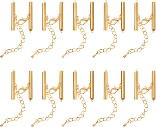 Miniatura 53 de uxcell 10 juegos de cierres deslizantes con cierres de pinza de langosta y cadena de extensión, extremos de cable deslizante de tubo de 0.394 Dorado