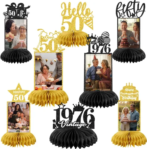 Miniatura 17 de 9 piezas de decoración de cumpleaños 70 para hombres y mujeres, centros de mesa de nido de abeja de feliz cumpleaños 70, decoración de mesa de 70