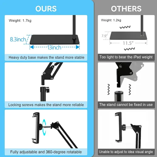 Miniatura 5 de Soporte de suelo para tablet con base de doble peso, soporte para teléfono de cama superior ajustable en altura / soporte elástico para tableta