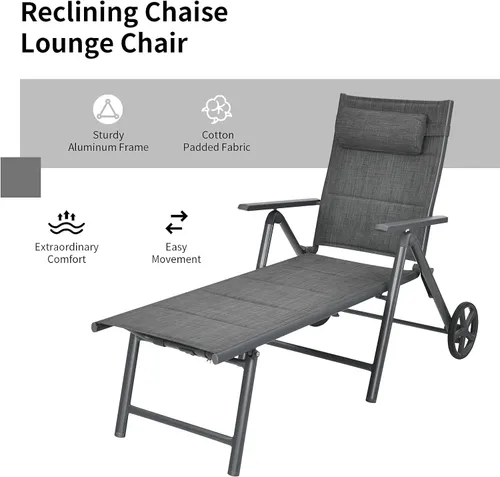 Miniatura 6 de RELAX4LIFE Tumbona para patio con ruedas – Silla reclinable plegable acolchada con almohada extraíble, respaldo ajustable, sillas de playa