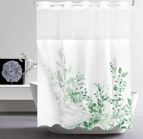 Miniatura 100 de Tititex Spun Sugar - Juego de cortinas de ducha de eucalipto azul claro, hojas de acuarela brillantes en la parte superior, decoración floral