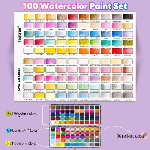 Miniatura 2 de Taotree Juego de pintura de acuarela de 100 colores, suministros de arte, kit de acuarelas de viaje con 3 pinceles de pintura, suministros