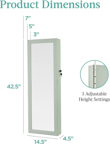 Miniatura 7 de Best Choice Products Armario de joyería con espejo LED, organizador de joyas con cerradura para pared o puerta con espejo, 2 cajones, cerradura