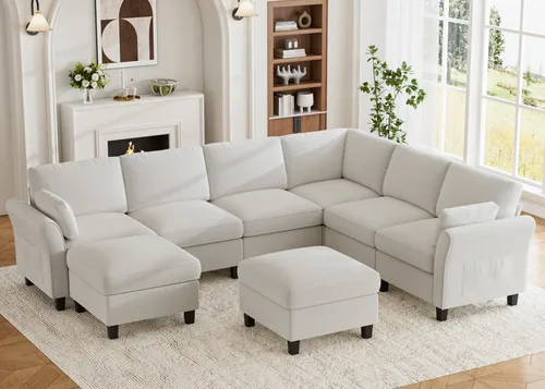 Miniatura 16 de Legend Vansen Sofá modular seccional, cómodo sofá modular en forma de U de 6 asientos con espacio de almacenamiento y diván, sofás seccionales Crema