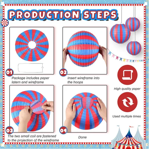 Miniatura 3 de Hortsun 12 Pcs Carnival Circus Decorations Red and Blue Striped Paper Lanterns Chinese Hanging Paper Lanterns for Carnival Circus Wedding Birthday
