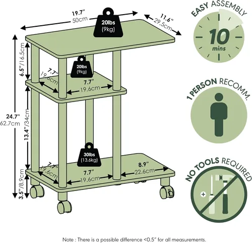 Miniatura 2 de Furinno Turn-N-Tube - Mesa auxiliar en forma de C de 3 niveles con ruedas, mesa de noche de montaje sin herramientas, mesita de noche con estante