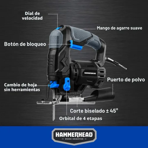 Miniatura 3 de Hammerhead Sierra Caladora de 4.8 Amperios de 3/4 Pulgadas con 2 Hojas de Corte de Madera, Velocidad Variable y Función Orbital - HAJS048