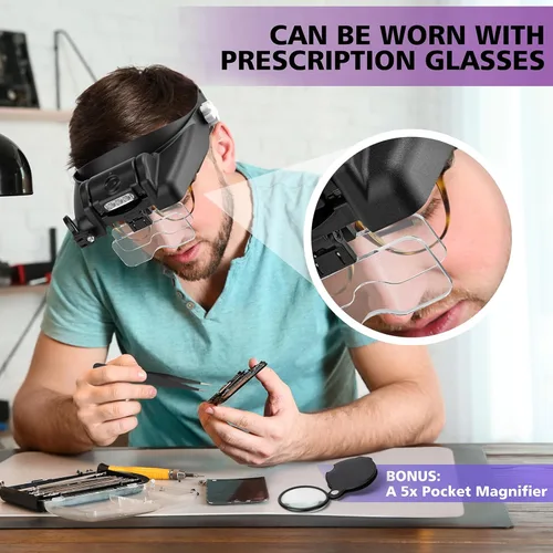 Miniatura 4 de COYLAPY Lupa con luz manos libres, lupa de 1X a 14X para trabajo cercano, auriculares de lupa ajustable con 1x, 1.5X, 2X, 2.5X, 3.5X y lentes Negro