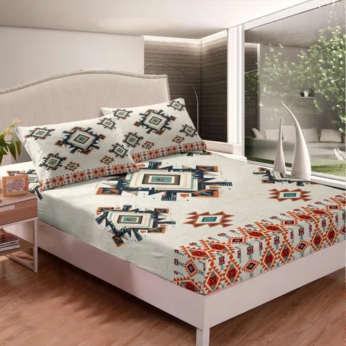 Miniatura 2 de Manfei Sábana bajera ajustable geométrica étnica tamaño individual, juego de ropa de cama de estilo indio americano, 2 piezas para niños y niñas