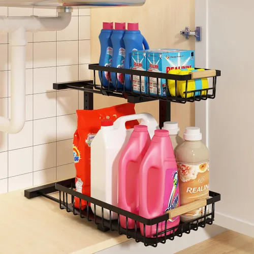 REALINN Organizador para debajo del fregadero, almacenamiento de armario extraíble de 2 niveles de altura ajustable, organizador de cajones en forma