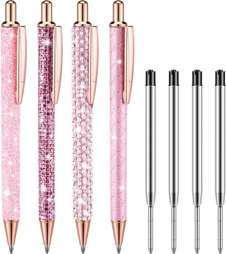 Miniatura 11 de Ireer 4 bolígrafos brillantes de diamantes de imitación para mujer, bolígrafo de tinta de metal con purpurina de cristal con 4 recambios de 0.039