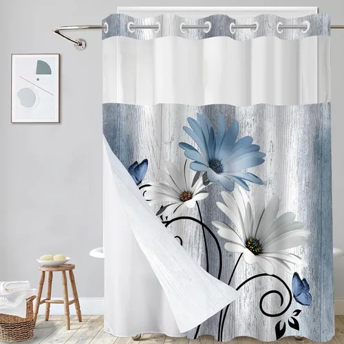 Cortina de Ducha Floral de Acuarela Azul, Cortina de Ducha Sin Gancho, Cortinas de Ducha de Poliéster con Broche en Tela, Ventana Superior
