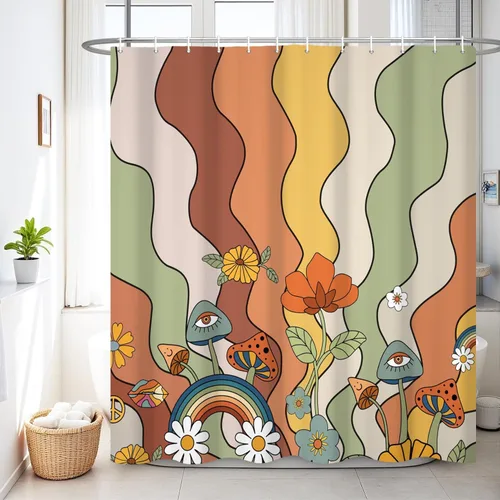 Renaiss Juego de cortinas de ducha de 60 x 72 pulgadas, diseño de hongos bohemios, retro de los años 70, flores naranjas florales, divertidas,