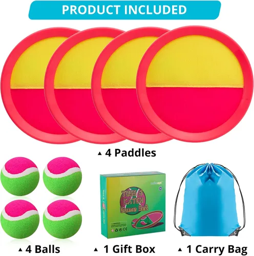 Miniatura 3 de Juegos de playa, juguetes al aire libre para niños de 4 a 8 años, juego de pelotas para lanzar y atrapar, con 4 paletas, 3 bolas y 1 bolsa de Rosa