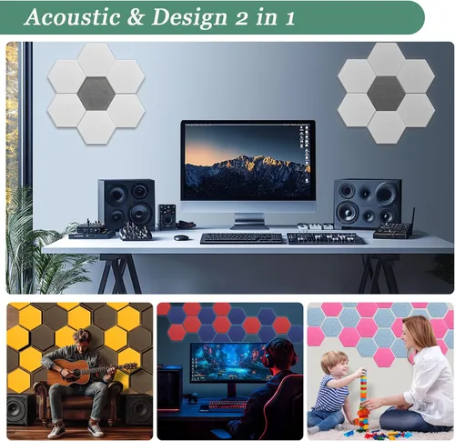 Miniatura 6 de Paneles acústicos hexagonales, paquete de 12 paneles de absorción de sonido de alta densidad de 12 x 10 x 0.4 pulgadas para mejorar la reducción