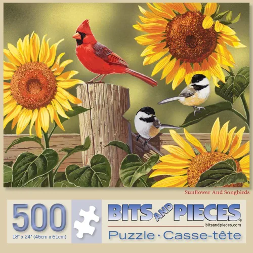 Miniatura 9 de Bits and Pieces Rompecabezas de 50 piezas para adultos - Girasol y pájaros cantores - Rompecabezas de cardenales por William Vanderdasson