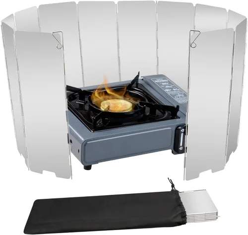 Miniatura 9 de Parabrisas de estufa de 10 platos, parabrisas de estufa de aluminio con bolsa de cordón, para camping, estufas de butano para acampar, estufas