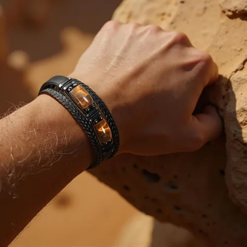 Miniatura 7 de Pulsera de cuero negro de ojo de tigre para hombre, piedra preciosa de ojo de tigre natural, joyería hecha a mano, pulsera de protección