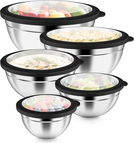 Miniatura 8 de P&P CHEF Juego de 5 cuencos para mezclar con tapas herméticas, 10 piezas de acero inoxidable, cuenco de metal con tapa para preparación y Varios