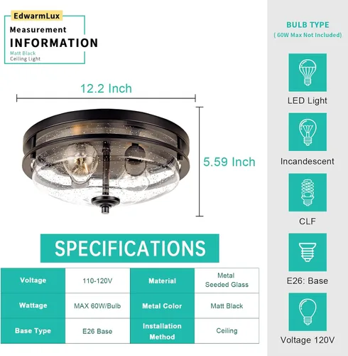 Miniatura 5 de Edwarmlux Luces de techo de montaje empotrado, 2 luces de granja cerca del techo, lámpara de techo industrial para cocina, pasillo, dormitorio, sala