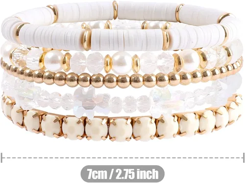 Miniatura 7 de Pulseras de cuentas de arcilla, pulseras de cristal con cuentas de varias capas, bohemio, blanco y rosa, juego de pulseras para mujer