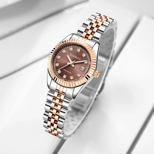 Miniatura 4 de Reloj clásico para mujer con banda de acero inoxidable sólido, reloj de vestir para mujer, reloj con calendario