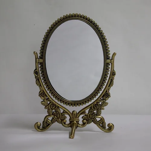 Miniatura 3 de SEHAMANO - Espejo de mesa de maquillaje con patrón de rosas en relieve, espejo decorativo ovalado, marco de metal giratorio de doble cara