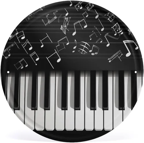 Circular Metal Wall Art Iron Wall Hanging - Piano Keys with Musical Notes Vintage Industrial Tin Sign with Pre-Drilled Holes, Retro Round Metal Art