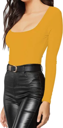 Miniatura 201 de MANGDIUP Body esencial para mujer, cuello redondo, manga larga, ajustado, elástico, de algodón y elastano