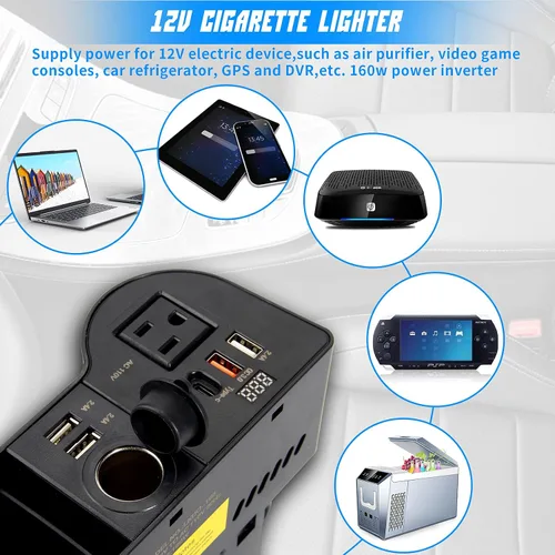 Miniatura 7 de Organizador de llenado de espacio para asiento de automóvil con inversor de corriente de protección múltiple de 12 V CC a 110 V CA, 4 USB de carga