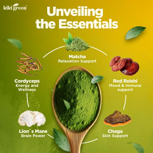 Miniatura 3 de KIKI Green Mushroom Matcha Powder Super Blend 4 oz – Alternativa de café de hongos para una mejor energía, concentración e inmunidad – con melena