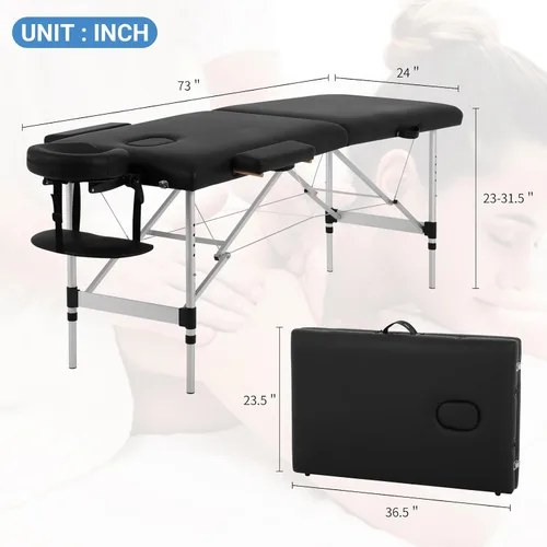 Miniatura 2 de Mesa de masaje, cama de masaje de 73 pulgadas, altura ajustable, 2 pliegues, de aluminio, de piel sintética, para belleza, spa, con funda