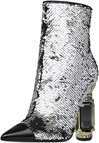 Miniatura 112 de FSJ Botas de tacón alto con punta puntiaguda para mujer, con tacón alto, con cremallera lateral brillante, estilo casual, para uso diario, zapatos