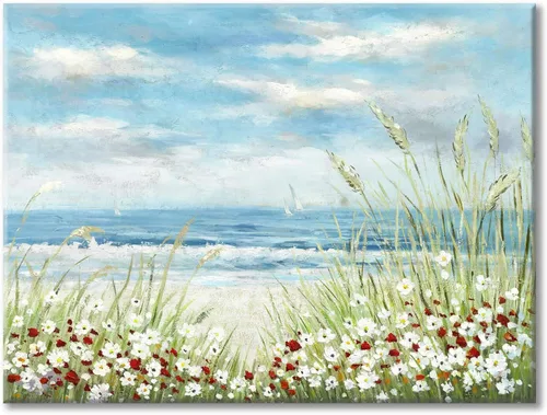 Miniatura 9 de UTOP-art Arte de Pared de Pintura Abstracta de Flores Silvestres: Flores en la Playa con Olas del Océano, Paisaje Marino, Obra de Arte en Lienzo