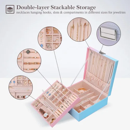 Miniatura 2 de ProCase Joyero para mujeres, niñas, novia, esposa, regalo ideal, organizador de joyas de cuero grande con dos capas para aretes, pulseras, anillos