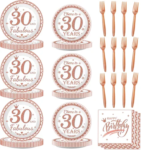 Miniatura 9 de Decoraciones de cumpleaños 70 para mujer, platos y servilletas de feliz cumpleaños 70, suministros de fiesta de oro rosa, vajilla de 70 y fabulosa