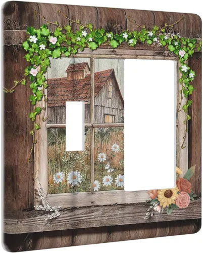 Miniatura 72 de Placa Cubierta de Interruptor de Luz de Palanca Individual con Diseño de Flor Botánica en Tablero de Madera Rústico Estilo Granja - Placa de Pared