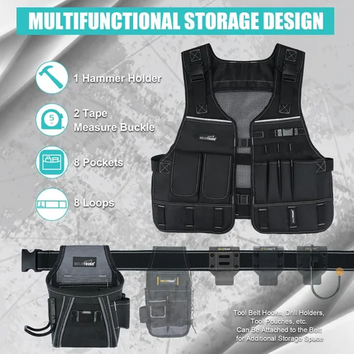 Miniatura 6 de MELOTOUGH Chaleco de herramientas para hombre con bolsillos y cinturón, chaleco de seguridad ajustable de múltiples bolsillos para electricista