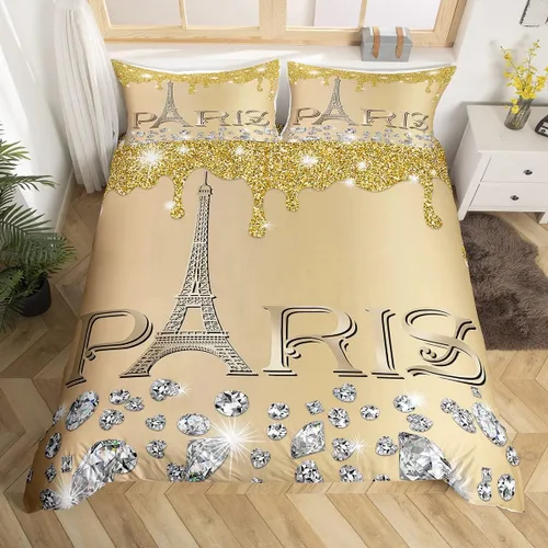 Miniatura 16 de Erosebridal Funda de edredón de la Torre Eiffel para niñas, juego de ropa de cama romántica de París azul, negro y blanco, funda de edredón