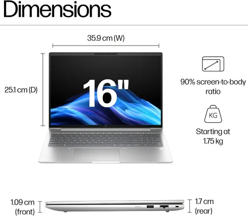 Miniatura 7 de HP EliteBook 6 G1a AI PC Laptop empresarial de 16 pulgadas AMD Ryzen 5 220 32 GB DDR5 RAM SSD de 1 TB Pantalla antirreflejo WUXGA Lector