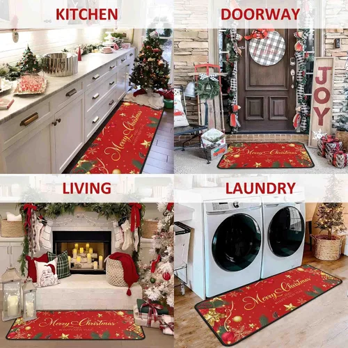 Miniatura 6 de Juego de 2 alfombras y tapetes de cocina navideños, decoraciones navideñas para el hogar con respaldo antideslizante, alfombra de cocina