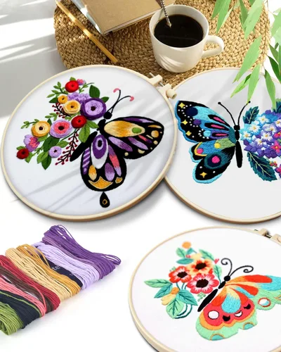 Miniatura 6 de TINDTOP 3 juegos de kit de práctica de bordado, kit de bordado de mariposas y flores para principiantes incluye tela, aros, hilos para amantes