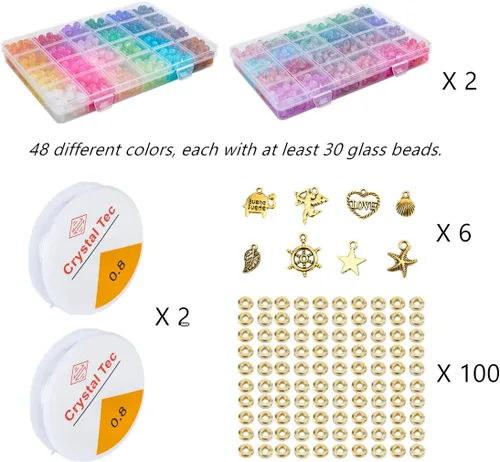 Miniatura 9 de Paquete de 2: más de 1300 cuentas redondas de vidrio para la fabricación de joyas, cuentas de cristal de 48 colores de 0.315 pulgadas para pulseras