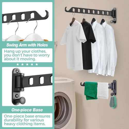 Miniatura 3 de Percha de ropa para montar en la pared con brazo oscilante, estante de secado de ropa de 8 agujeros, rotación de 180° y ahorro de espacio