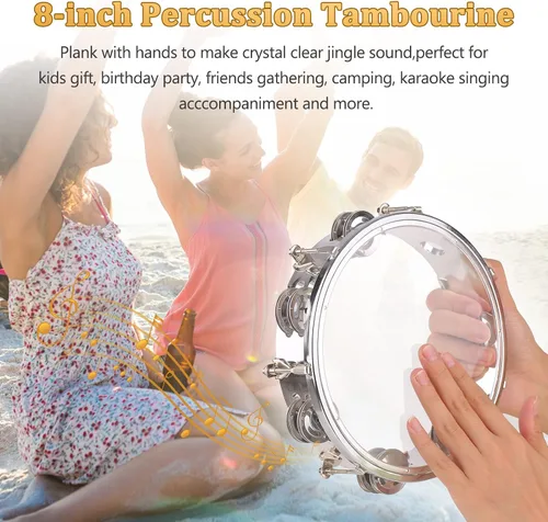 Miniatura 5 de Mancuerna de pandereta de 10 pulgadas para adultos, tambor de mano con doble fila, 14 platillos de metal, jingles, instrumento de percusión