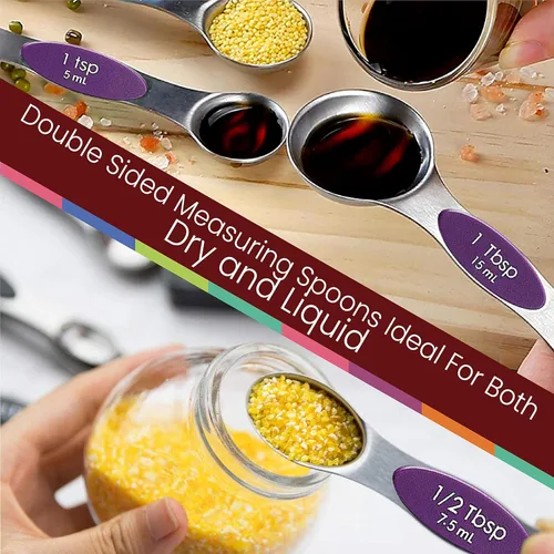 Miniatura 7 de Juego de 9 cucharas medidoras magnéticas de acero inoxidable, apilables, de doble cara, cucharas medidoras para medir ingredientes secos y líquidos