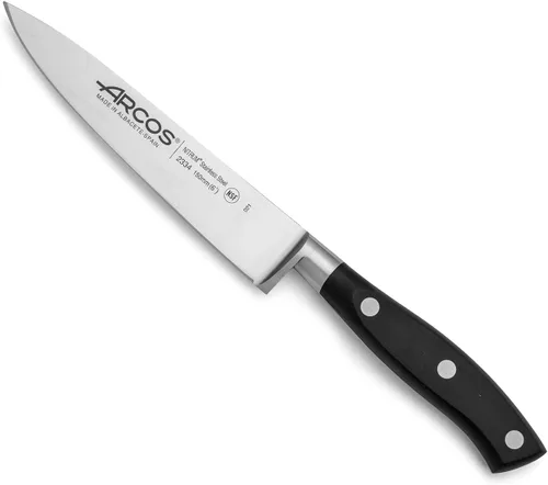 Miniatura 48 de Arcos Cuchillo forjado dentado de acero inoxidable de nitrum de 5 pulgadas y hoja de 5.118 in. Mango ergonómico POM de polioximetileno. Serie Blanco